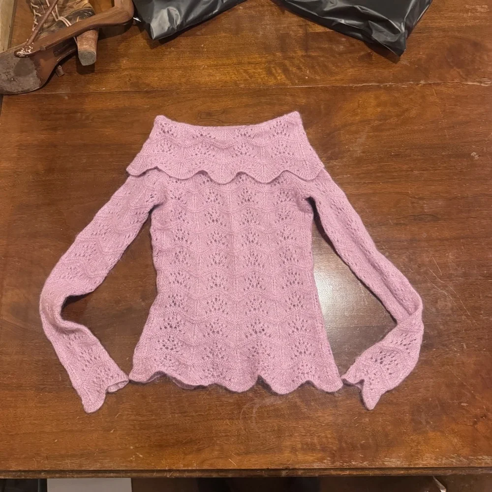 Vintage Lavender Mohair Wool Pointelle Scalloped Off Shoulder 90s Y2K Sweater XS - Picture 2 of 7